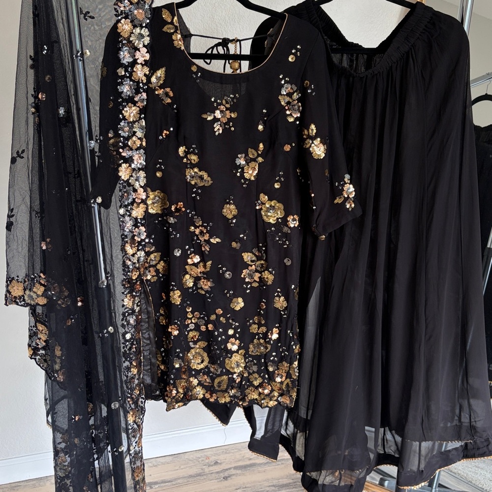 3 piece Indian outfit Elegant Black and Gold sharara set Indian suit for party